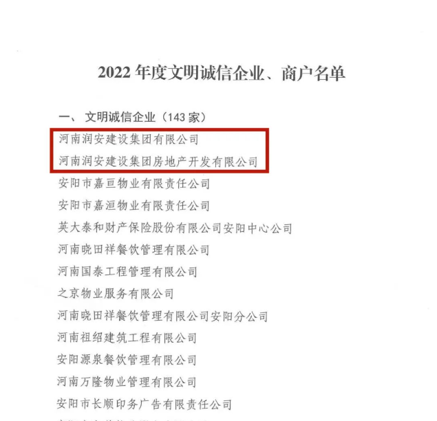 喜报丨集团及地产公司均荣获“安阳市2022年度文明诚信企业”荣誉称号