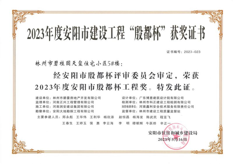 2023年度安阳市建设工程“殷都杯”获奖证书-5#